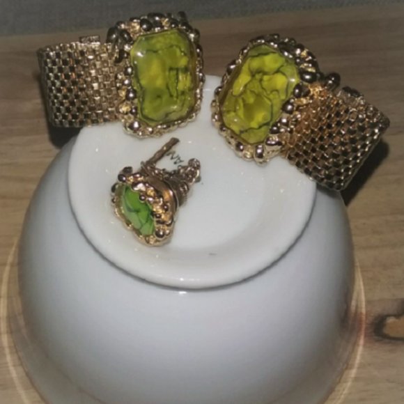 Unisex Jasper Gemstone Cufflinks and Tie Tack Accessory Set - Picture 1 of 3